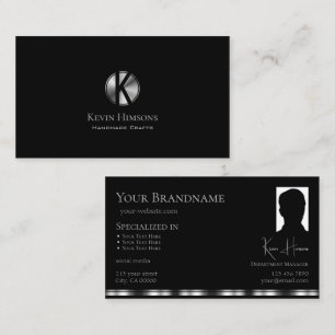 Elegant Plain Black Silver with Monogram and Photo Business Card