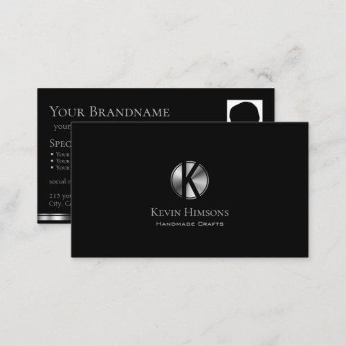 Elegant Plain Black Silver with Monogram and Photo Business Card