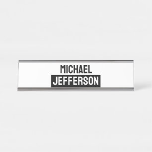Elegant Plain Black White Personalized Custom Desk Name Plate