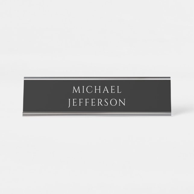 Elegant Plain Black White Personalized Custom Desk Name Plate (Front)
