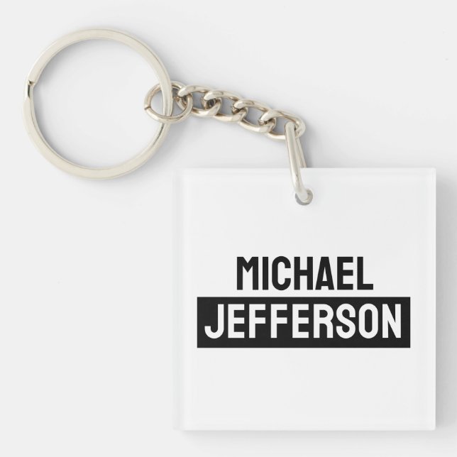 Elegant Plain Black White Personalized Custom Keychain (Front)