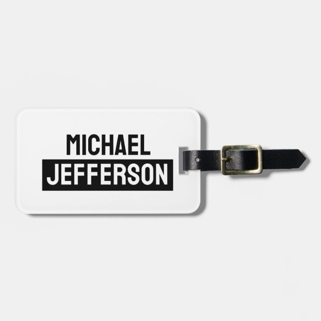 Elegant Plain Black White Personalized Custom Luggage Tag (Front Horizontal)