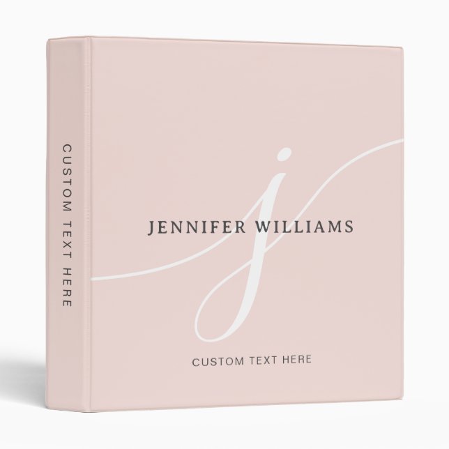Elegant Plain Blush Pink White Script Monogram 3 Ring Binder (Front/Spine)