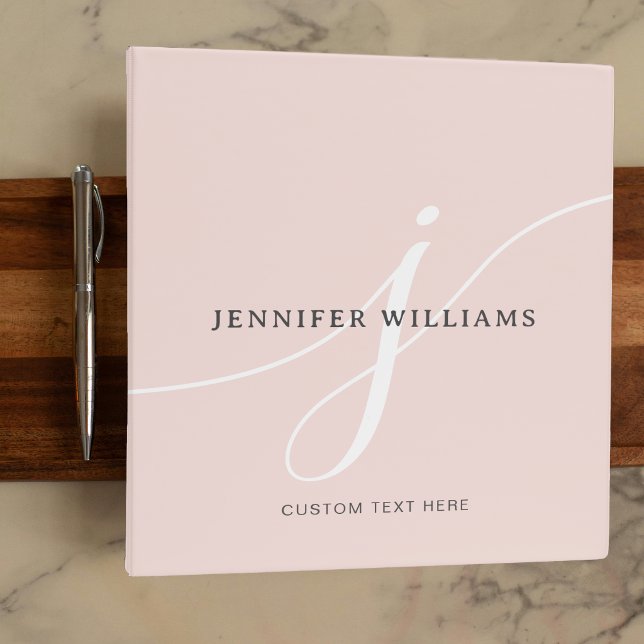 Elegant Plain Blush Pink White Script Monogram 3 Ring Binder (Creator Uploaded)