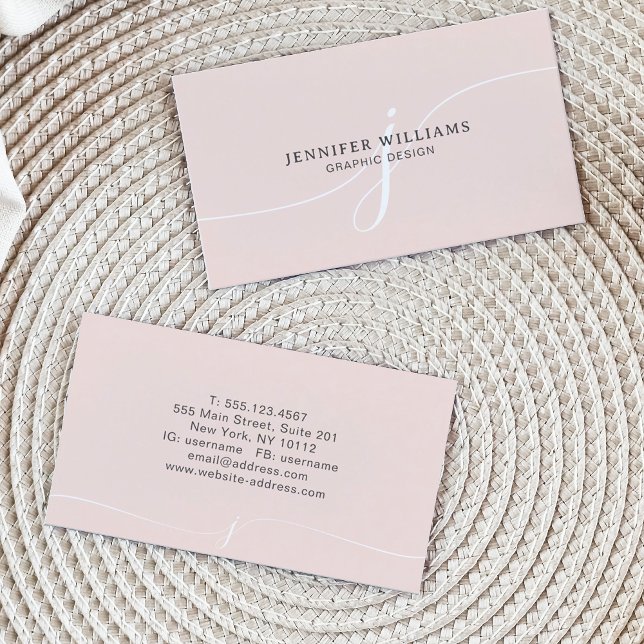 Elegant Plain Blush Pink White Script Monogram Business Card (Creator Uploaded)