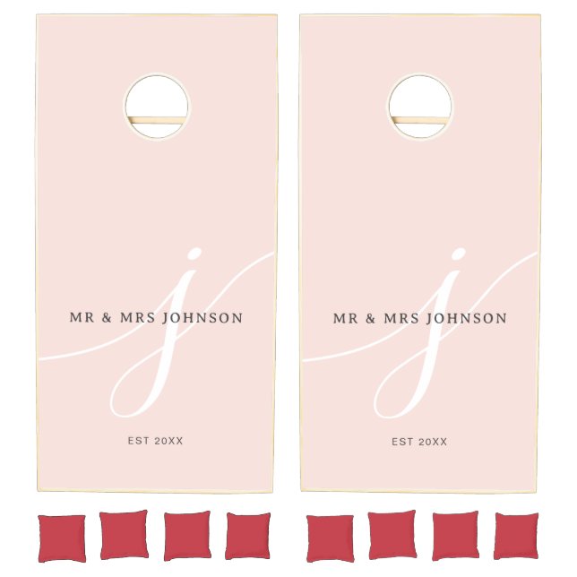 Elegant Plain Blush Pink White Script Monogram Cornhole Set (Set)
