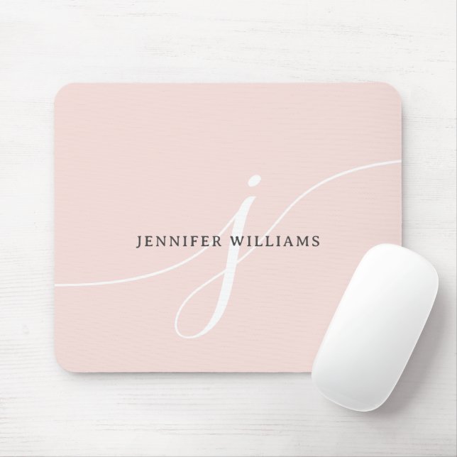 Elegant Plain Blush Pink White Script Monogram Mouse Pad (With Mouse)