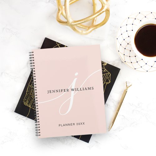 Elegant Plain Blush Pink White Script Monogram Planner