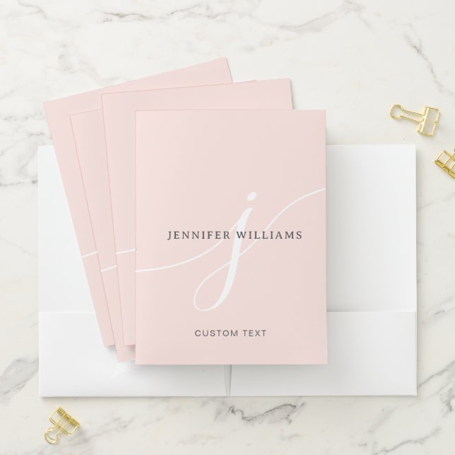 Elegant Plain Blush Pink White Script Monogram Pocket Folder (In Situ)