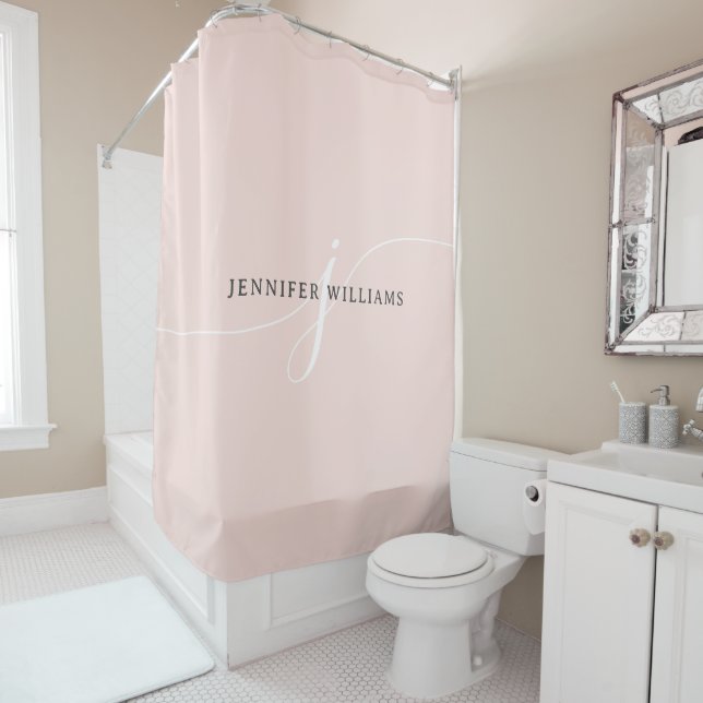 Elegant Plain Blush Pink White Script Monogram Shower Curtain (In Situ)