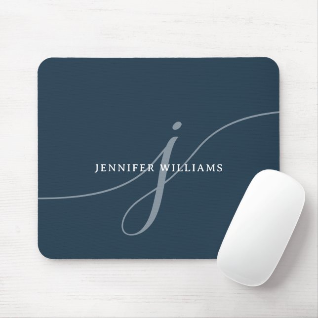 Elegant Plain Dusty Navy Blue Script Monogram Mouse Pad (With Mouse)