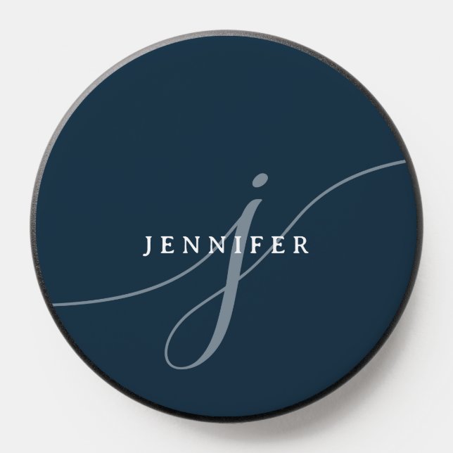 Elegant Plain Dusty Navy Blue Script Monogram PopSocket (Popsocket)