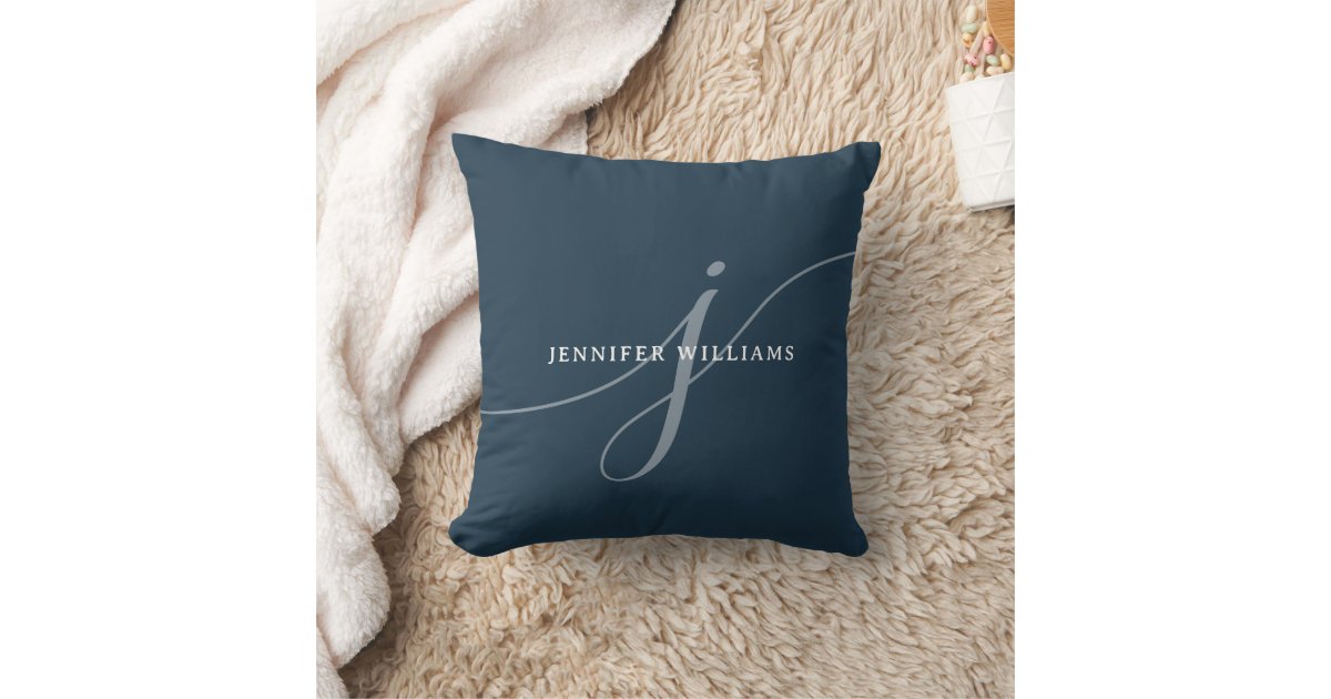 Elegant Plain Dusty Navy Blue Script Monogram Throw Pillow | Zazzle