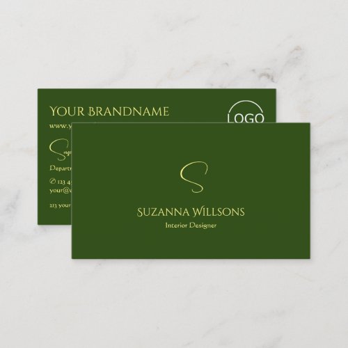 Elegant Plain Forest Green with Monogram and Logo Business Card