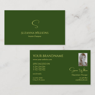 Elegant Plain Forest Green with Monogram and Photo Business Card