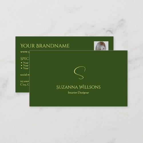 Elegant Plain Forest Green with Monogram and Photo Business Card
