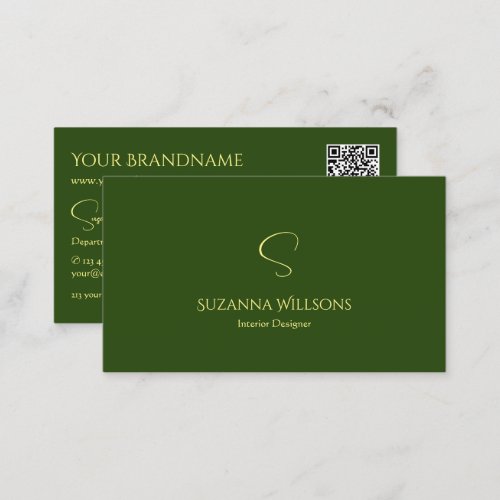 Elegant Plain Forest Green with Monogram QR Code Business Card