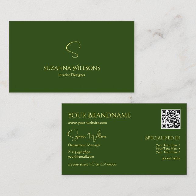 Elegant Plain Forest Green with Monogram QR Code Business Card (Front/Back)