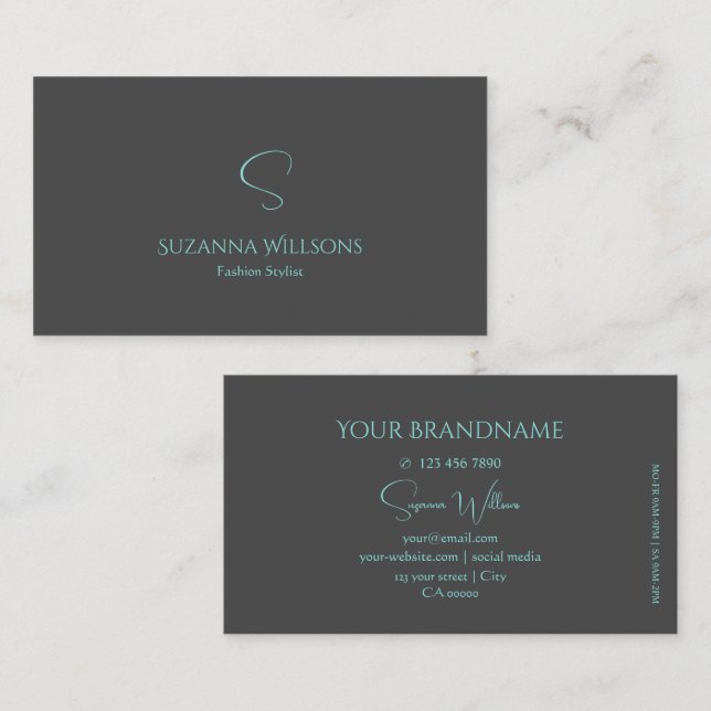 Elegant Plain Gray and Teal with Monogram Stylish Business Card (Front/Back)