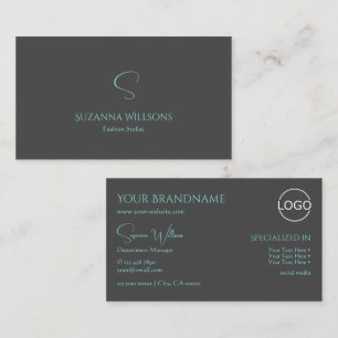 Elegant Plain Gray Teal with Monogram and Logo Business Card