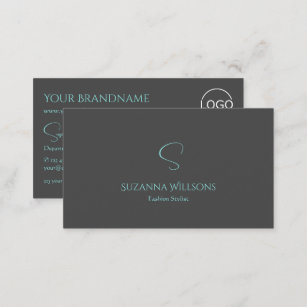 Elegant Plain Gray Teal with Monogram and Logo Business Card