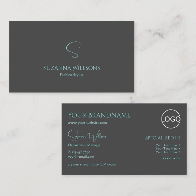 Elegant Plain Gray Teal with Monogram and Logo Business Card (Front/Back)