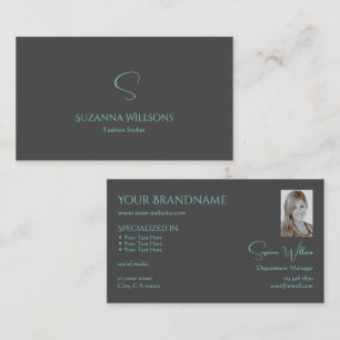 Elegant Plain Gray Teal with Monogram and Photo Business Card