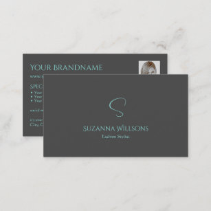 Elegant Plain Gray Teal with Monogram and Photo Business Card