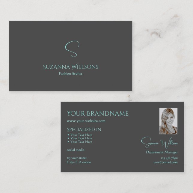 Elegant Plain Gray Teal with Monogram and Photo Business Card (Front/Back)