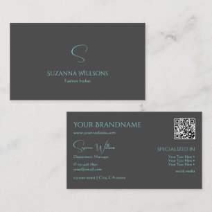 Elegant Plain Gray Teal with Monogram and QR-Code Business Card