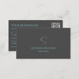 Elegant Plain Gray Teal with Monogram and QR-Code Business Card