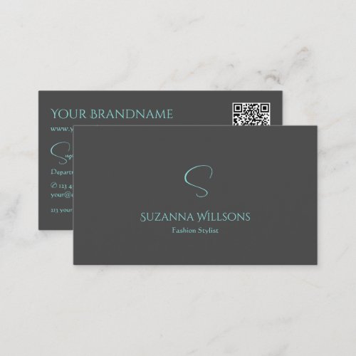 Elegant Plain Gray Teal with Monogram and QR_Code Business Card