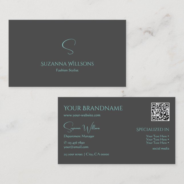 Elegant Plain Gray Teal with Monogram and QR-Code Business Card (Front/Back)