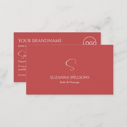 Elegant Plain Indian Red with Monogram and Logo Business Card
