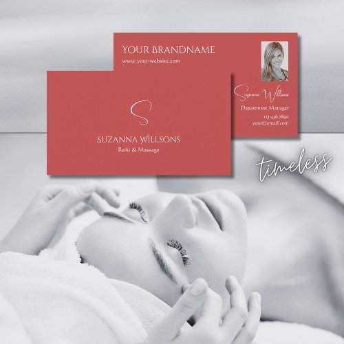 Elegant Plain Indian Red with Monogram and Photo Business Card
