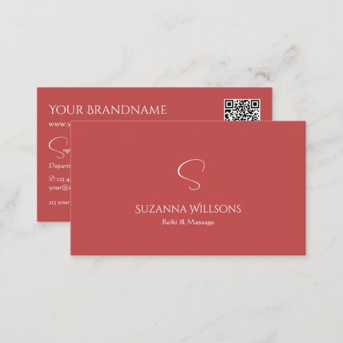 Elegant Plain Indian Red with Monogram and QR_Code Business Card