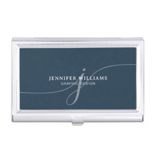 Elegant Plain Navy Blue Script Monogram Business Card Case
