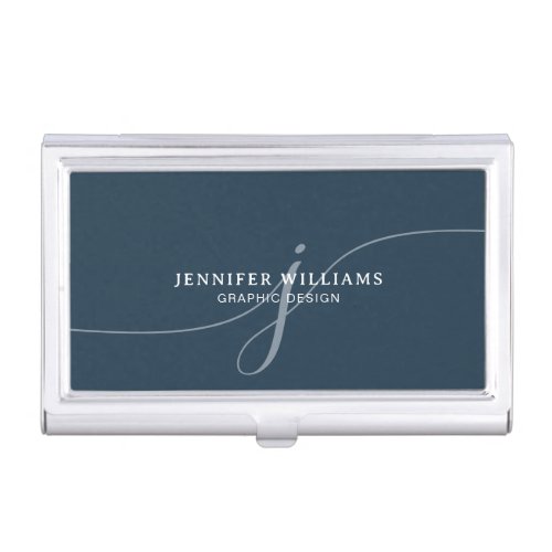 Elegant Plain Navy Blue Script Monogram Business Card Case