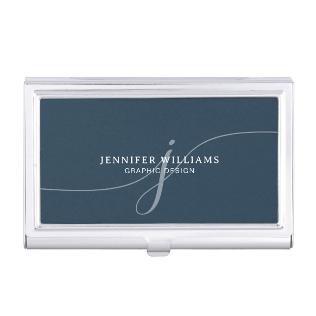 Elegant Plain Navy Blue Script Monogram Business Card Case (Front)