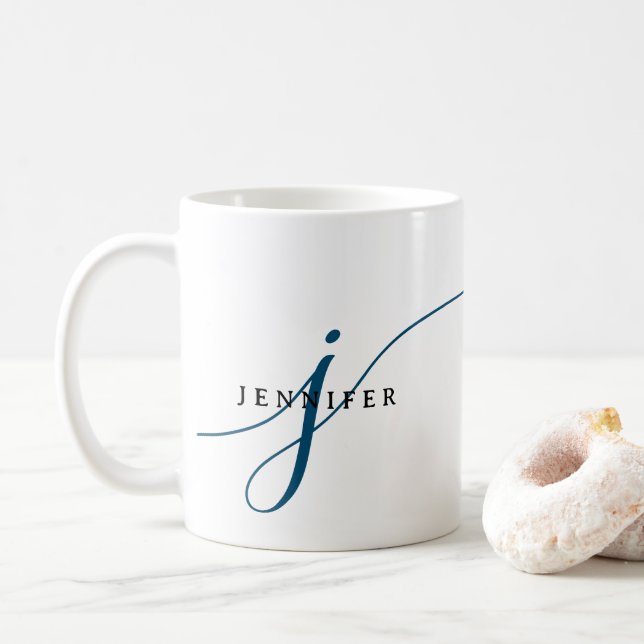 Elegant Plain Navy Blue Script Monogram Coffee Mug (With Donut)
