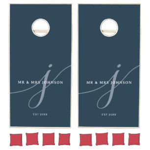 Elegant Plain Navy Blue Script Monogram Cornhole Set