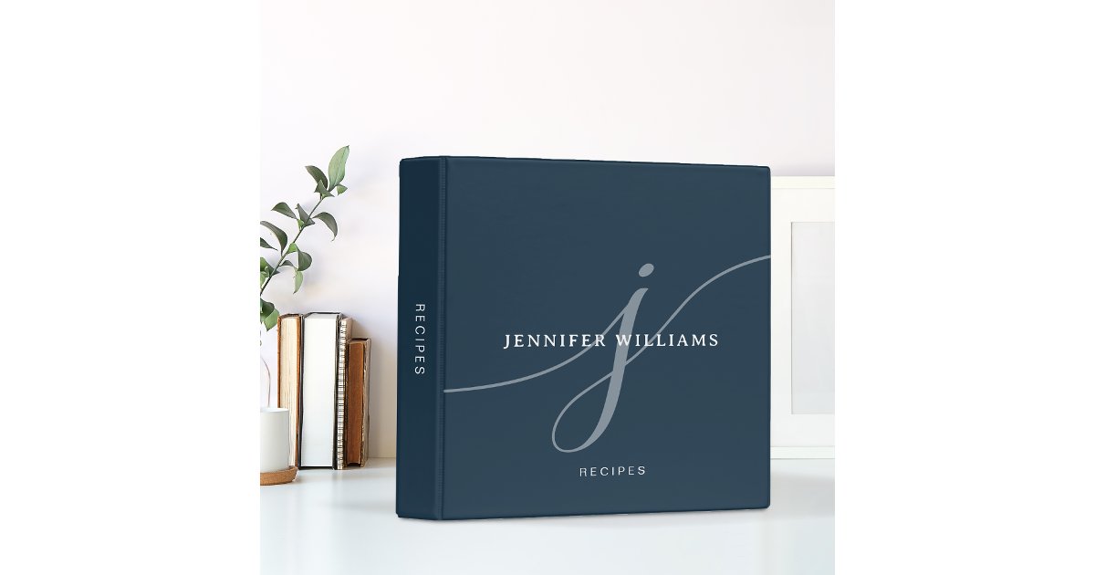 Elegant Plain Navy Blue Script Monogram Recipe 3 Ring Binder | Zazzle