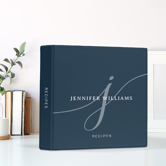 Elegant Plain Navy Blue Script Monogram Recipe 3 Ring Binder (Creator Uploaded)