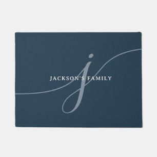 Elegant Plain Navy Blue White Script Monogram Doormat