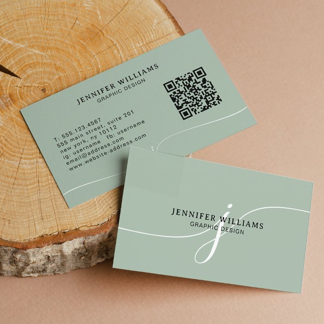 Elegant Plain Sage Green Script Monogram QR Code Business Card (Creator Uploaded)