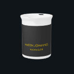 Elegant Plain Stylish Gold Color Black Custom Name Beverage Pitcher<br><div class="desc">Name and occupation information in golden yellow colors on a premium black background.</div>