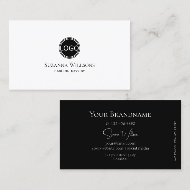 Elegant Plain White and Black with Logo Stylish Business Card (Front/Back)