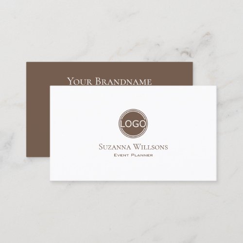 Elegant Plain White and Brown with Logo Stylish Business Card