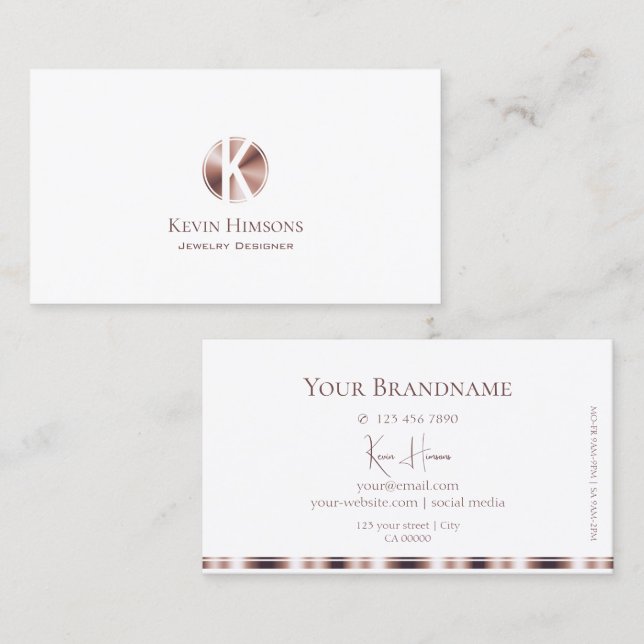 Elegant Plain White and Rose Gold with Monogram Business Card (Front/Back)
