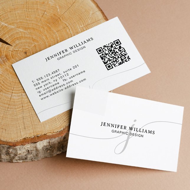 Elegant Plain White Black Script Monogram QR Code Business Card (Creator Uploaded)